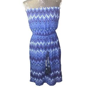 Figue Silk Strapless Blue Chevron mini dress size Small Tassel